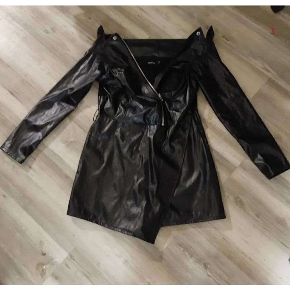 NWOT~Boohoo Black Faux Leather Mini Dress Romper Sz 10
